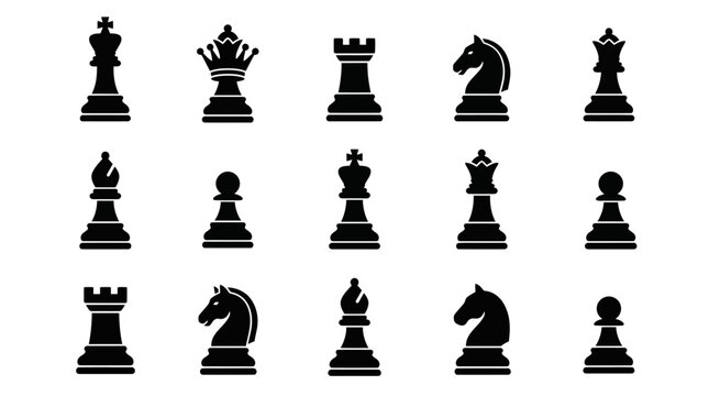 Set of black isolated minimalist chess pieces silhouette icons for strategy board games design and classic tournament concepts