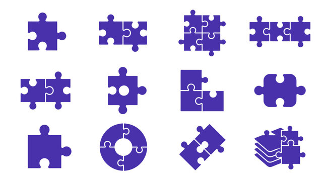 A set of twelve purple puzzle piece icons showcasing various connections and combinations for abstract problem solving and creative teamwork concepts