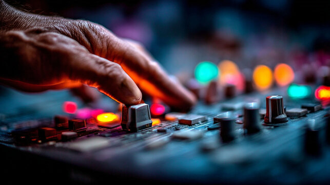 Music producer hand adjusting fader knob on professional sound mixing console board