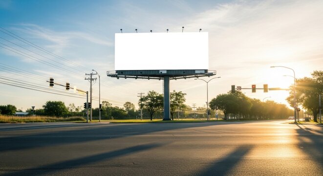 Empty billboard on highway at sunrise with clear sky.