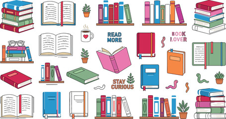 Cute reading and education vector element set with stack of books bookshelves coffee mugs worms and quote stickers isolated on white. © Sumaiya Akter Sweety