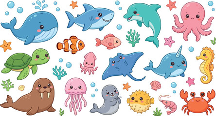 Cute sea animals and ocean life vector illustration set with cartoon whale shark dolphin octopus turtle and crab isolated on white background. © Sumaiya Akter Sweety