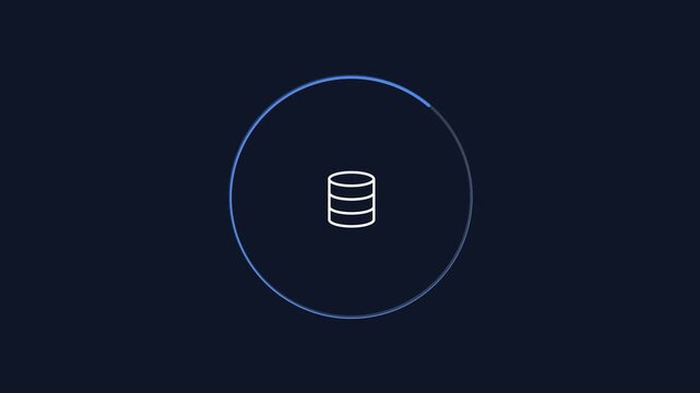 Minimal animated database icon inside a circular progress outline on a dark background. Modern motion graphic for data storage, server, backup, cloud computing, and technology interfaces.