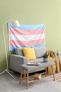 Interior of living room with transgender flag, sofa and soft bench