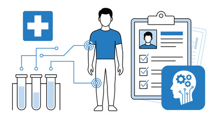 Medical clinical trial vector illustration showing a person being tested with blood sample tubes and patient record chart © Rehana
