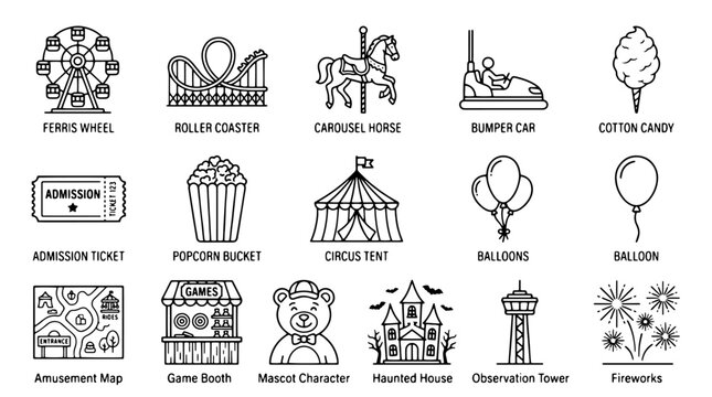 Amusement park line icons set, 15 carnival and fairground vector elements, circus attractions and theme park entertainment symbols for map design