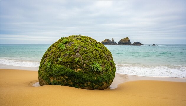 Green mossy boulder on a golden sand beach with sea stacks