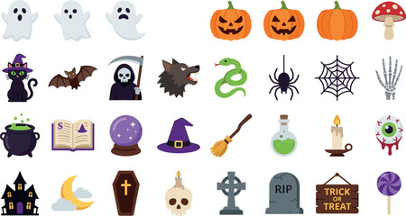 Obraz premium Halloween vector flat icon mega set featuring spooky ghosts pumpkins witches cats bats skulls cauldrons and haunted house elements isolated on white background.