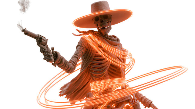 Skeleton cowboy with gun and glowing lasso isolated on transparent background