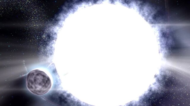 Neutron star pulsar spinning in deep space emitting powerful electromagnetic radiation beams in 4K Ultra HD footage.
