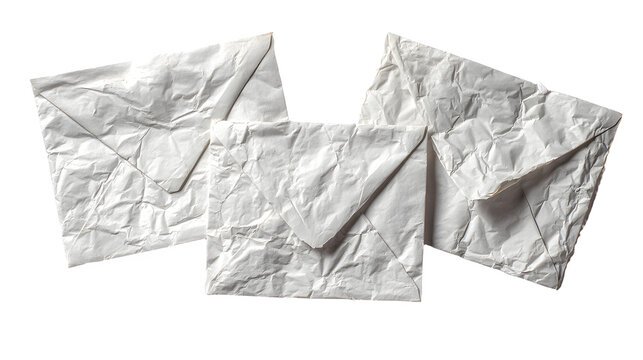 Three crumpled white envelopes on plain background with envelopes scattered correspondence communication stationery crinkled wrinkled office