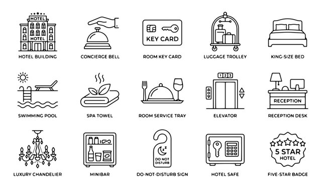 Hotel service line icons set, 15 hospitality industry vector symbols, luxury resort amenities and accommodation outline graphics for travel apps