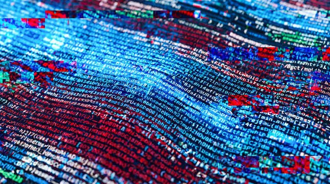 Wavy code data background with blue and red flowing text lines for technology banner and modern wallpaper design