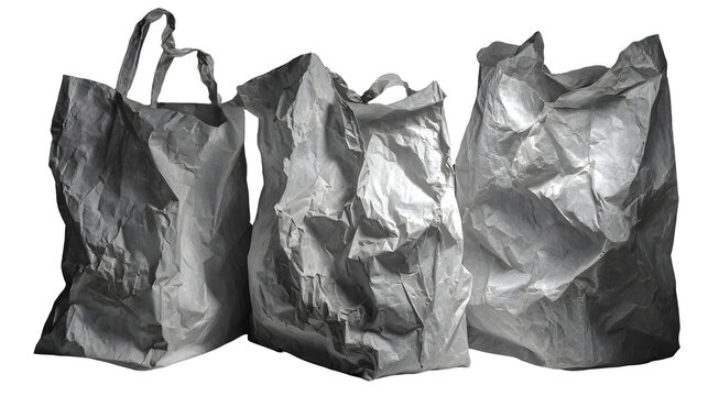 Three heavily crumpled white paper bags with handles with white background environment disposable packaging shopping material wrinkled with isolated
