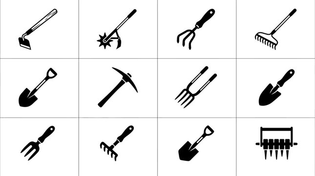 Black silhouette gardening tool icons set.