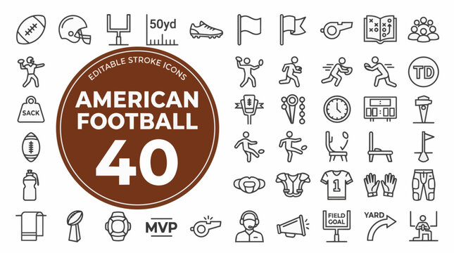 American football sport equipment with officials on transparent background Editable Stroke.