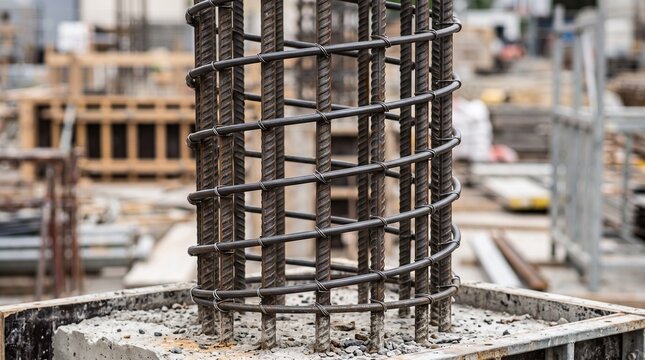 Steel reinforcement bars cage for a reinforced concrete column construction on a building site featuring metal rebar framework and wire ties.