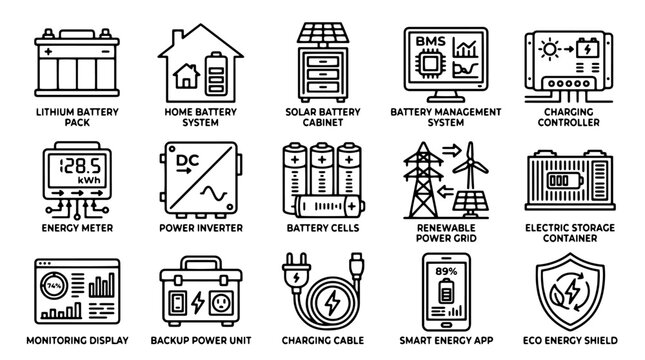 Renewable energy storage icons set, 15 lithium battery and solar power system line vectors, sustainable green technology and backup electricity symbols