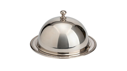 Closed polished silver metallic cloche food dome platter isolated on transparent background © Hanna