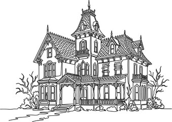 Naklejka premium Detailed ink drawing of a vintage Victorian haunted mansion house.