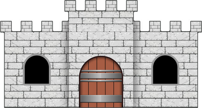 Medieval stone castle entrance with wooden gate, fort fortress facade vector illustration.
