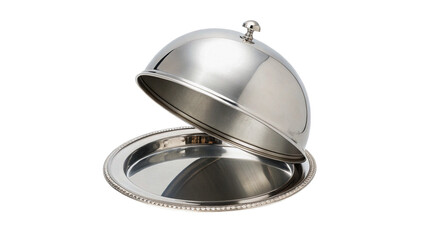 Opened polished silver metallic cloche food dome platter isolated on transparent background