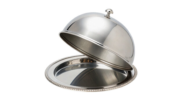 Opened polished silver metallic cloche food dome platter isolated on transparent background
