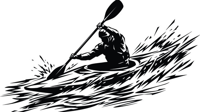 Extreme athlete paddling kayak boat through rough white water river rapids splashing waves black graphic vector illustration