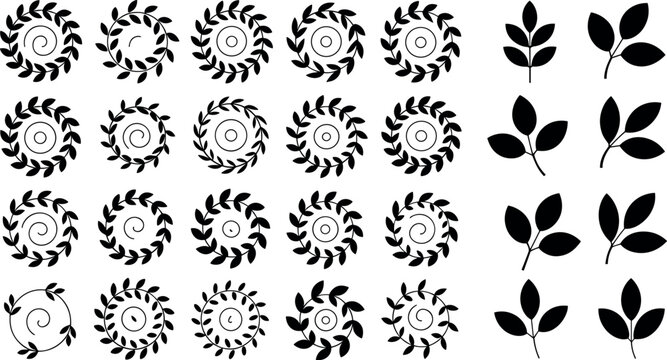 Set of minimalist circular stamp frames and black silhouette leaf branches design elements vector illustration isolated on white background.