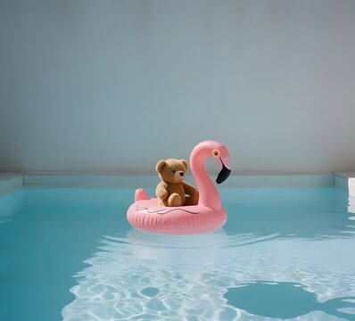a cute teddy bear splashing water while sitting on a pink flamingo float in a bright blue swimming poo