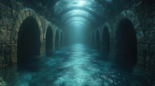 Underwater stone archway tunnel, dimly lit