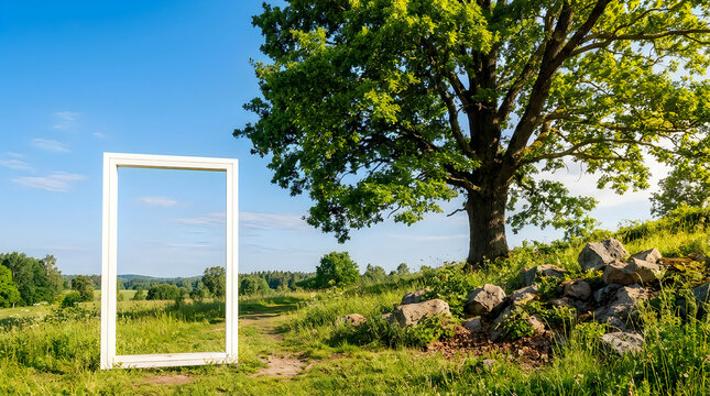 Empty picture frame in green park with trees and sky