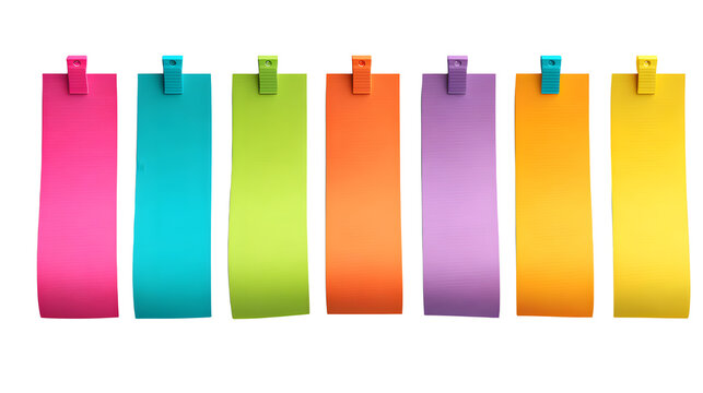 Vibrant colorful sticky notes with clips on white background with seven small colorful lineup seven organization stationery reminder planning