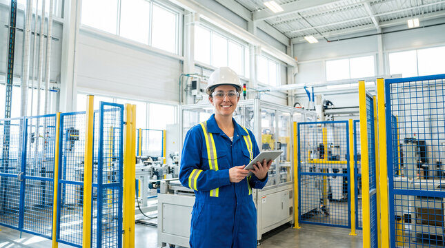 Smiling female industrial engineer wearing white hardhat safety glasses blue uniform holding digital tablet standing modern clean automated manufacturing factory production line