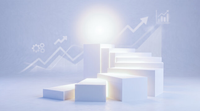 White empty staircase podium glowing light bright background floating upward arrow graph chart overlay business growth financial success progress concept presentation