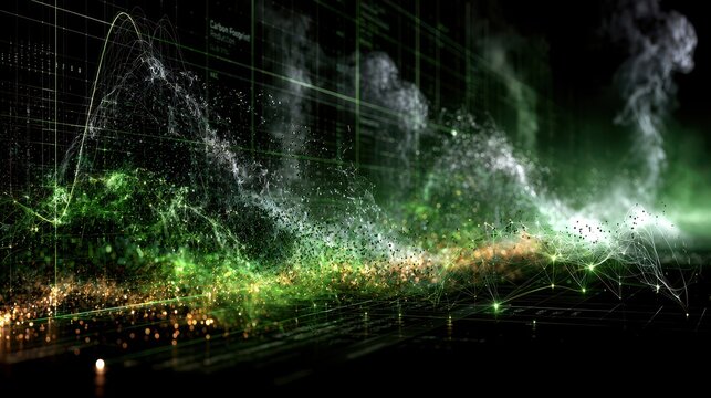 Abstract digital data visualization with glowing green particles and network connections. This represents big data.