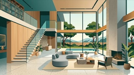 Fototapeta premium Minimalist Luxury Living Room with High Ceilings and Pool View