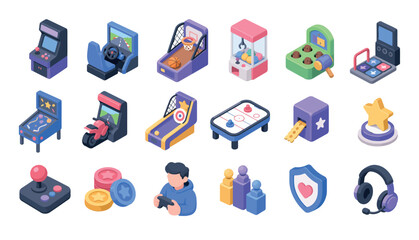 Colorful isometric arcade game icons collection. © Kai_