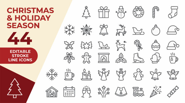 Set of forty four christmas with christmas holiday on transparent background Editable Stroke.