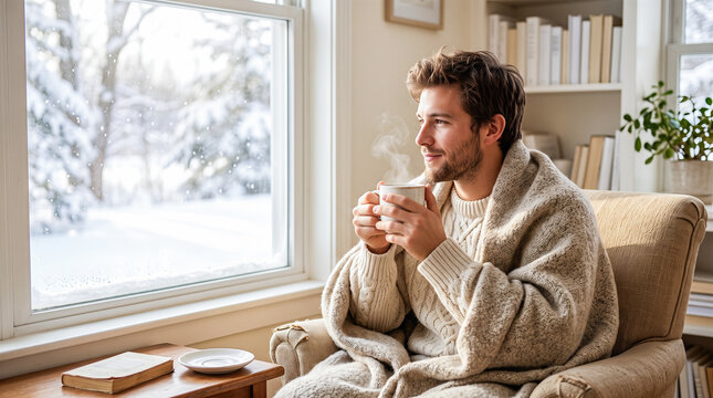 Handsome young man wearing thick sweater wrapped inside cozy blanket sitting by window drinking hot coffee enjoying beautiful snowy winter landscape outside