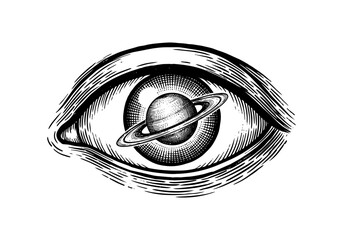 Vintage Saturn Planet Vector Illustration Hand Drawn Celestial Solar System Space Astronomy Black And White Engraving Line Art Sketch For Cosmos Astrology And Graphic Design © Shutoda