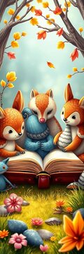 Whimsical woodland creatures gathered around a book, whimsy, adventure