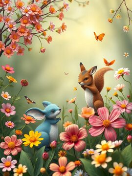 Whimsical woodland creatures play amidst blooming flowers, nature, serene