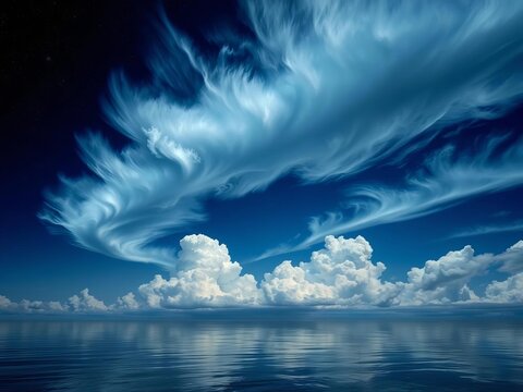 Whispering clouds drift across a serene nautical night sky, water, blue