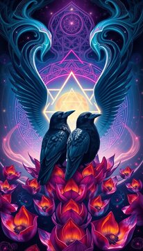 Whispering ravens sit amidst a cosmic dance of sacred geometry, surrounded by swirling petals of life, || trees, mysticism
