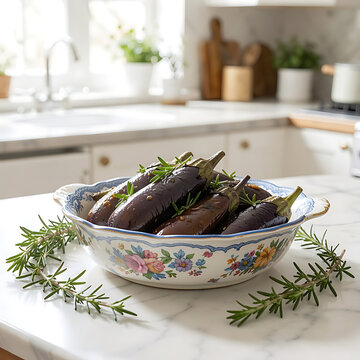 Eggplants, marinated, marinade, salad, spices, herbs.