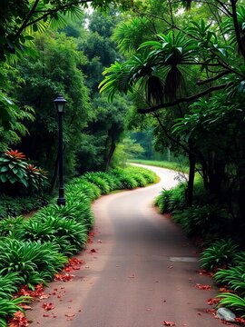 Winding pedestrian path surrounded by lush greenery, peaceful, greenlandscape