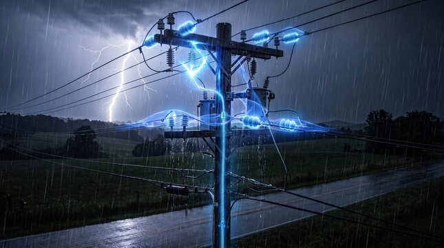 thunderstorm at night with heavy rain, capturing a power utility pole being struck by lightning and experiencing intense electrical arcing.