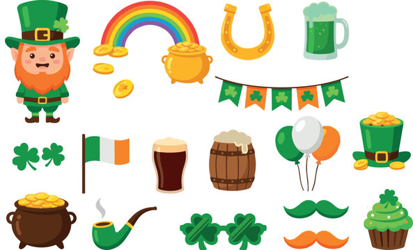 St Patricks Day vector illustration element set featuring leprechaun rainbow pot of gold shamrock flag horseshoe beer and festive Irish celebration icons.