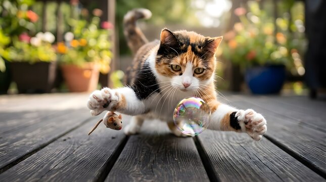 Playful Calico Cat Catching Soap Bubble Outdoors on Wooden Deck